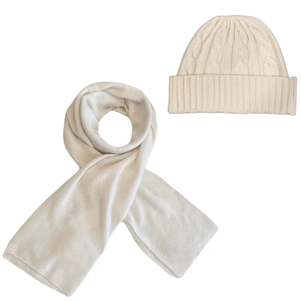 100% Cashmere Beanie and Scarf in Winter White