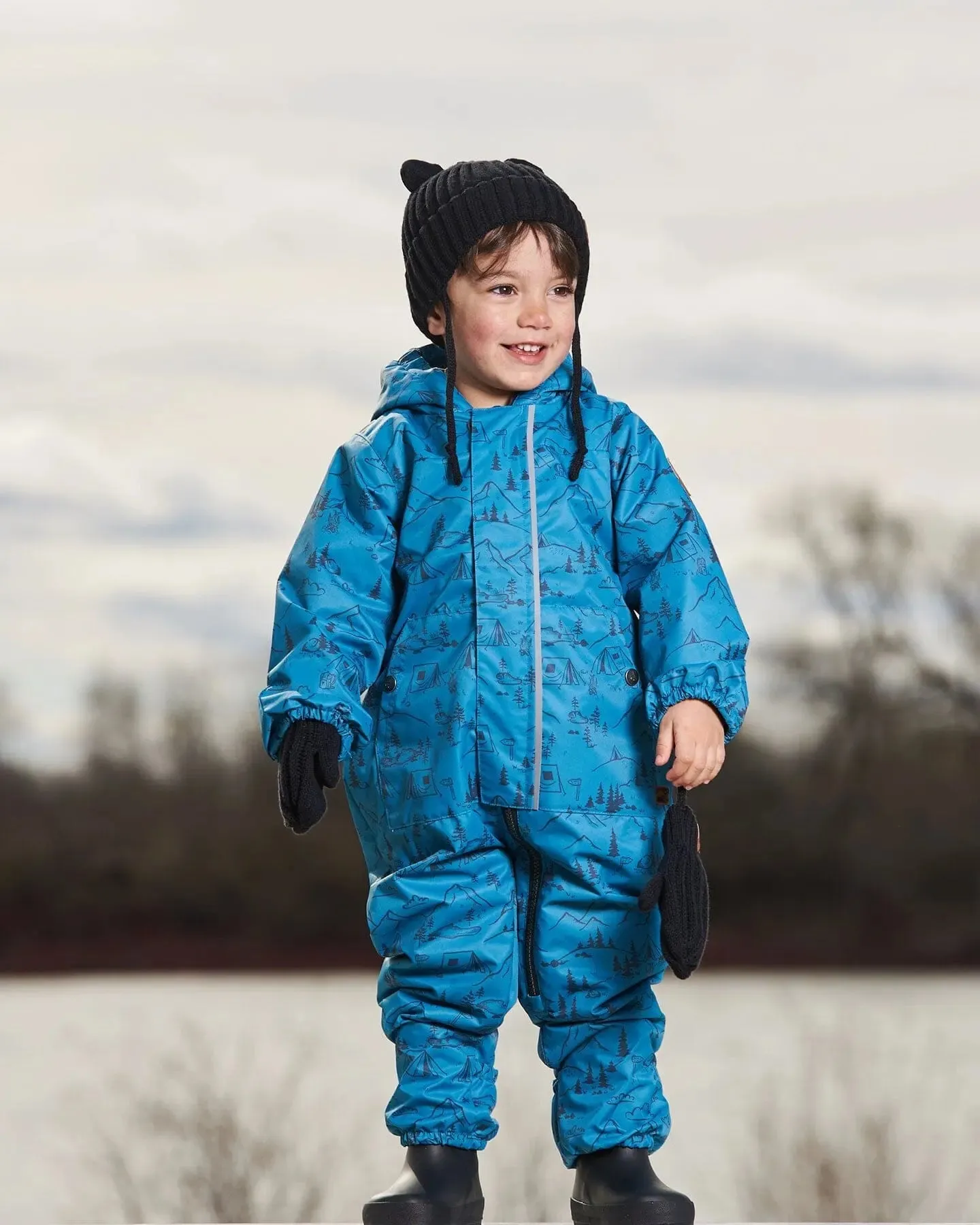 Baby Printed Mid-Season One-Piece Outerwear With Hat Blue And Gray