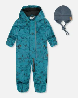 Baby Printed Mid-Season One-Piece Outerwear With Hat Blue And Gray