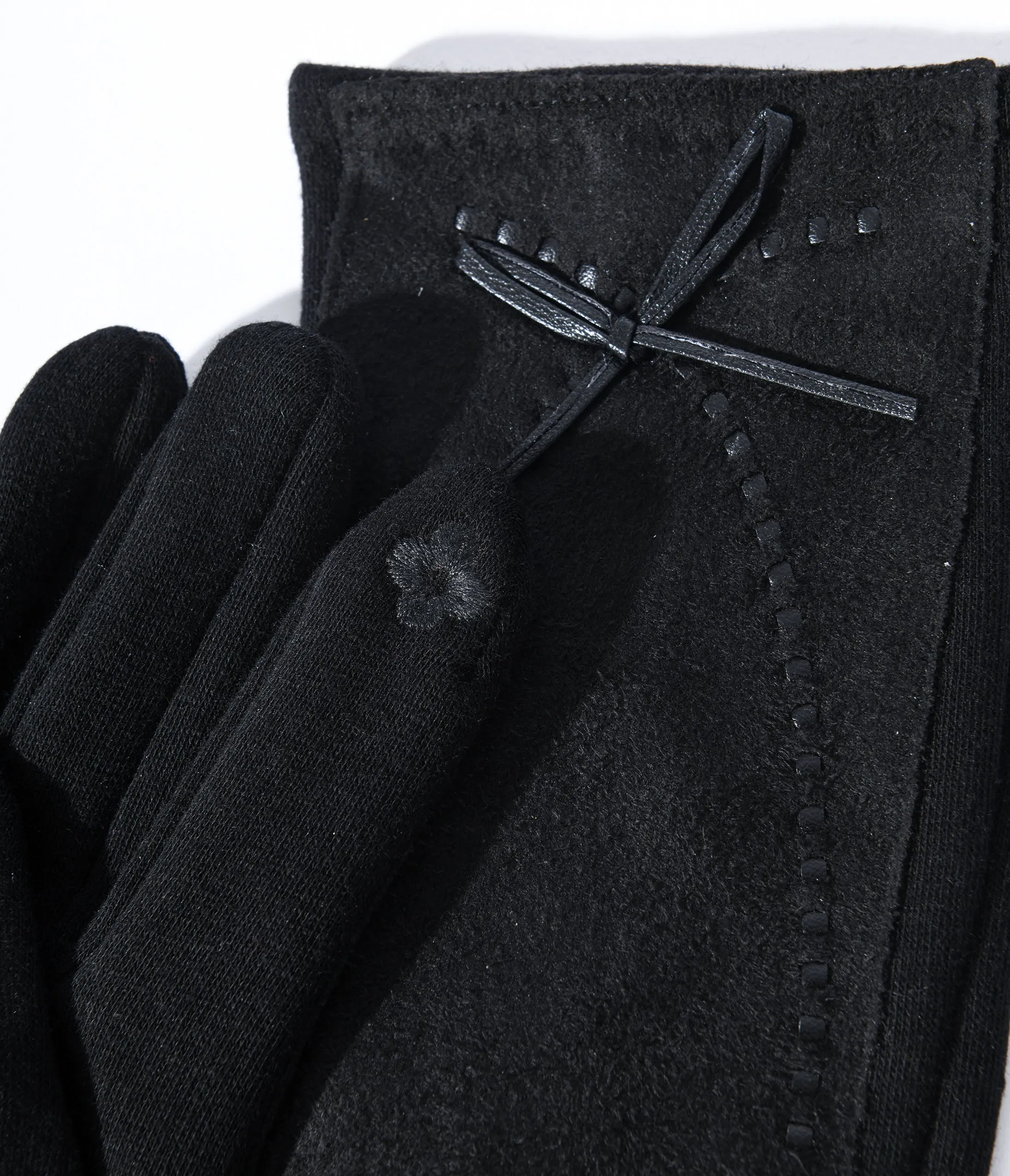 Black Leather Bow Lined Texting Gloves