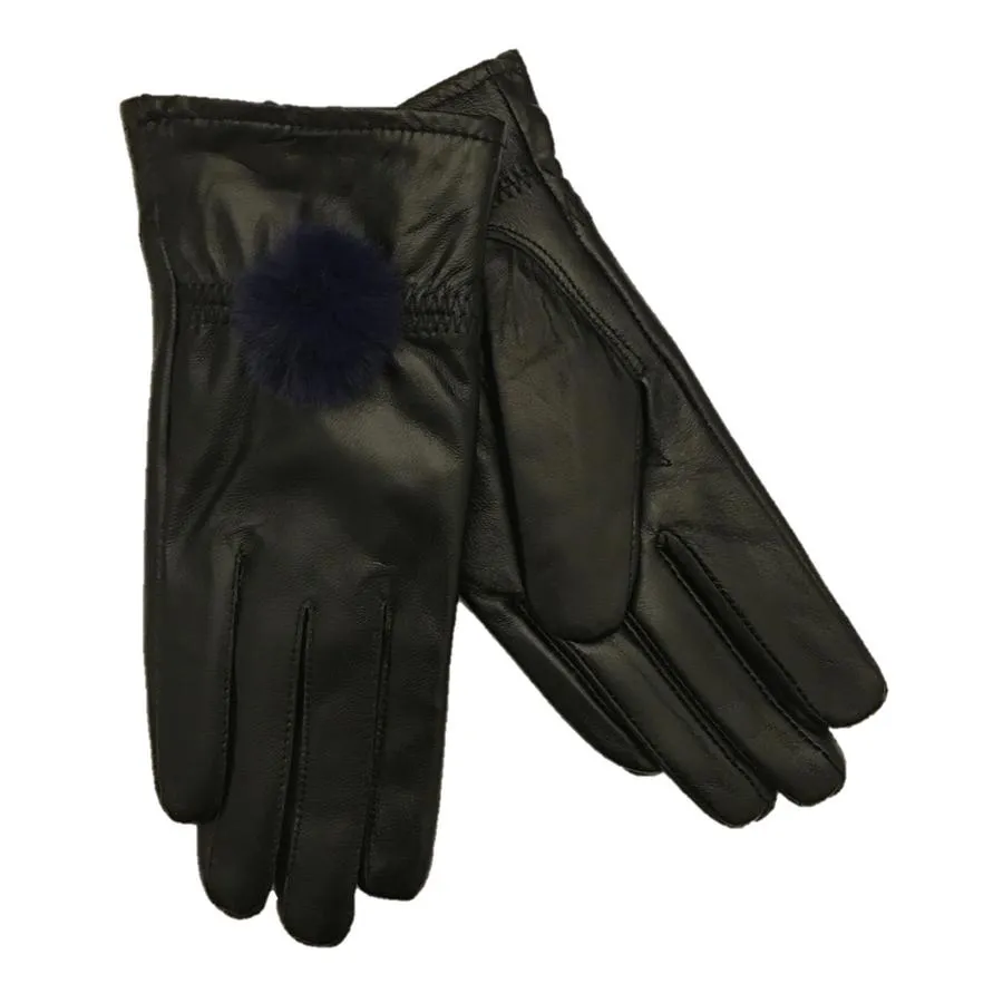 Black Leather Gloves with Blue Faux Fur Pompom