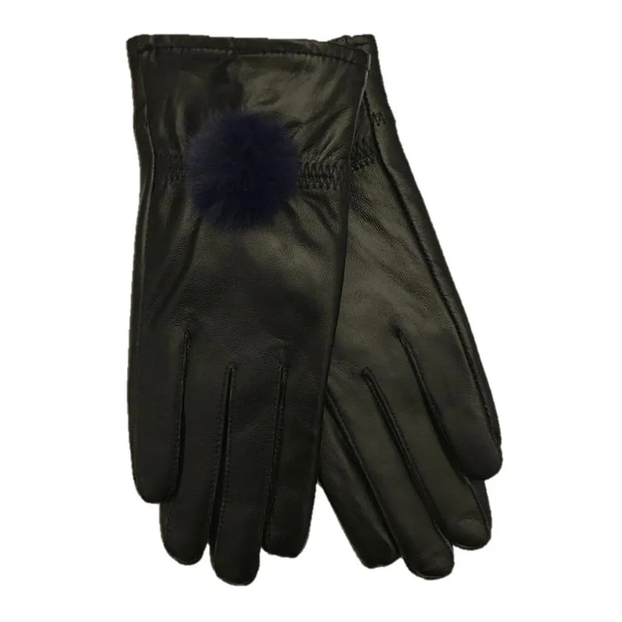 Black Leather Gloves with Blue Faux Fur Pompom