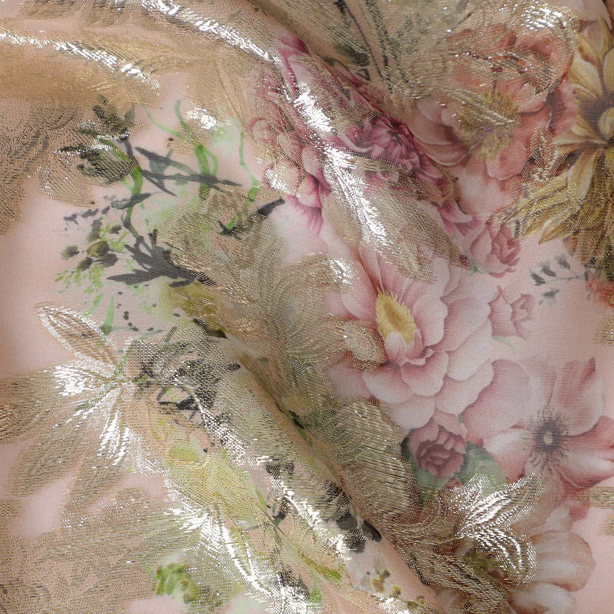 Blush Pink Floral Silk Chiffon Fabric with Metallic Lurex, Width 140 cm, South Korea-D21270