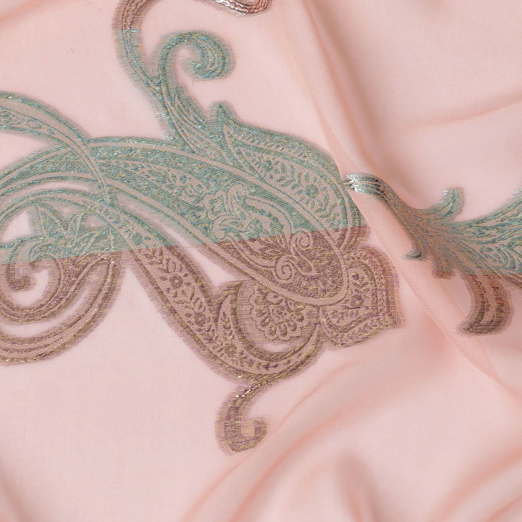 Blush Pink Silk Chiffon with Silver Paisley Embroidery, 140cm - South Korean Refined Fabric-D17795