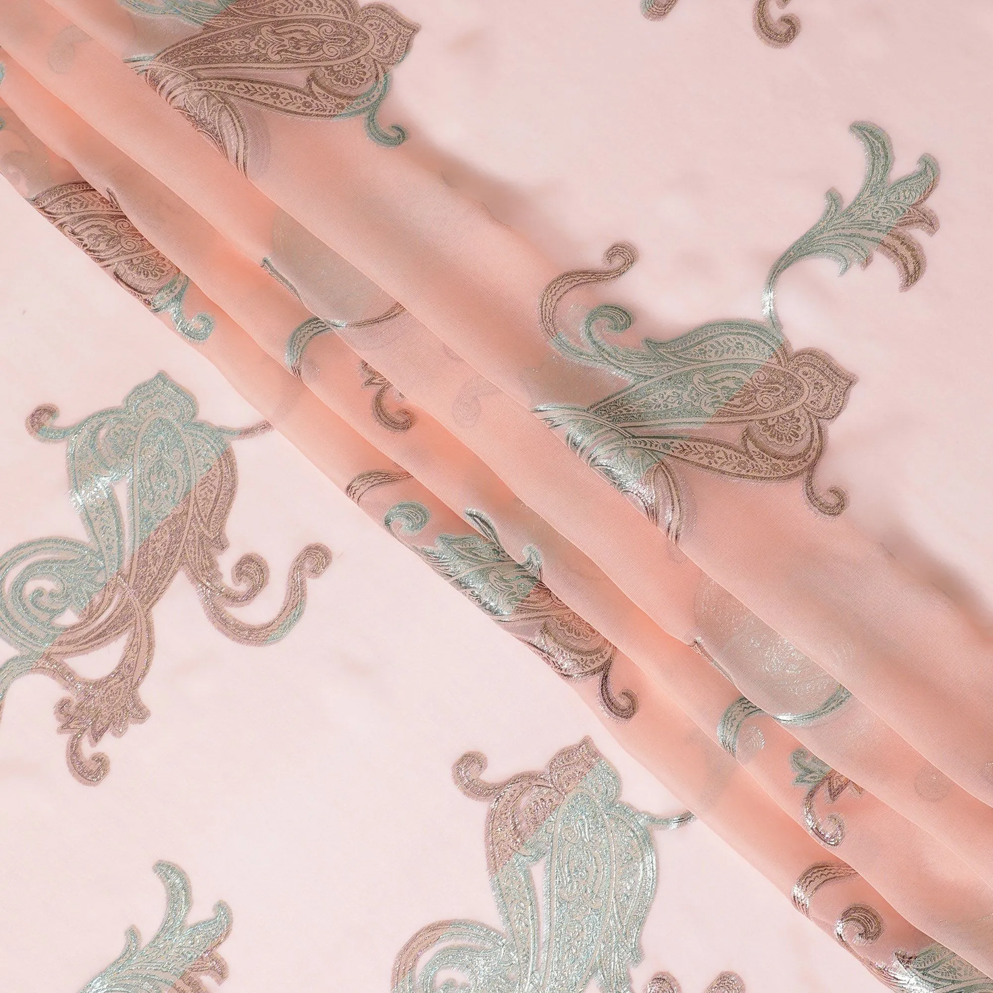 Blush Pink Silk Chiffon with Silver Paisley Embroidery, 140cm - South Korean Refined Fabric-D17795