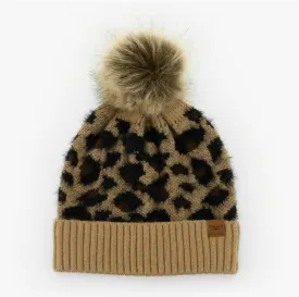 Britt's Knits Tan Leopard Print Knit Hat With Vegan Pom