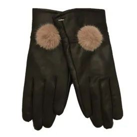 Brown Leather Gloves With Taupe Faux Fur Pompoms