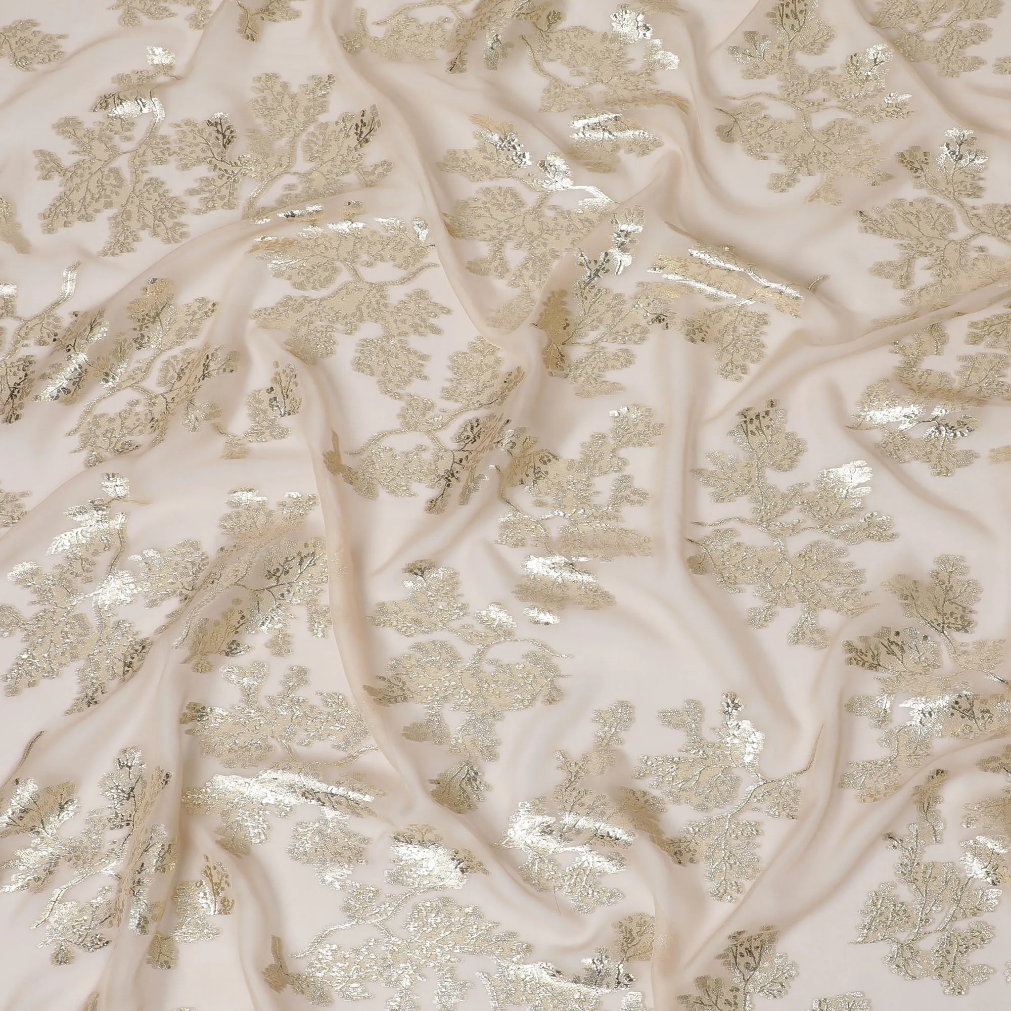 Elegant Blush Pink Silk Chiffon Fabric with Metallic Lurex Floral Design, 110 cm Width, South Korea-D19721