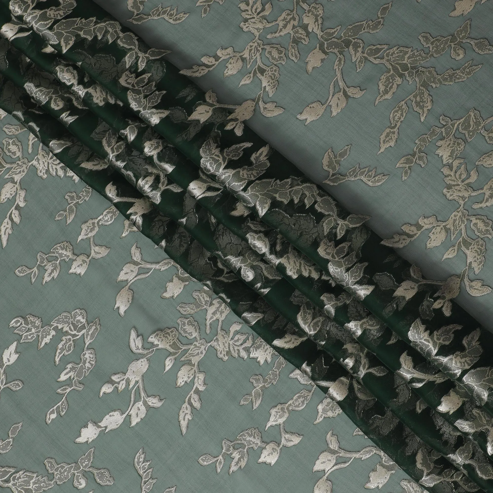 Elegant Bottle Green Silk Chiffon Fabric with Metallic Lurex Floral Design, 110 cm Width, South Korea-D19708