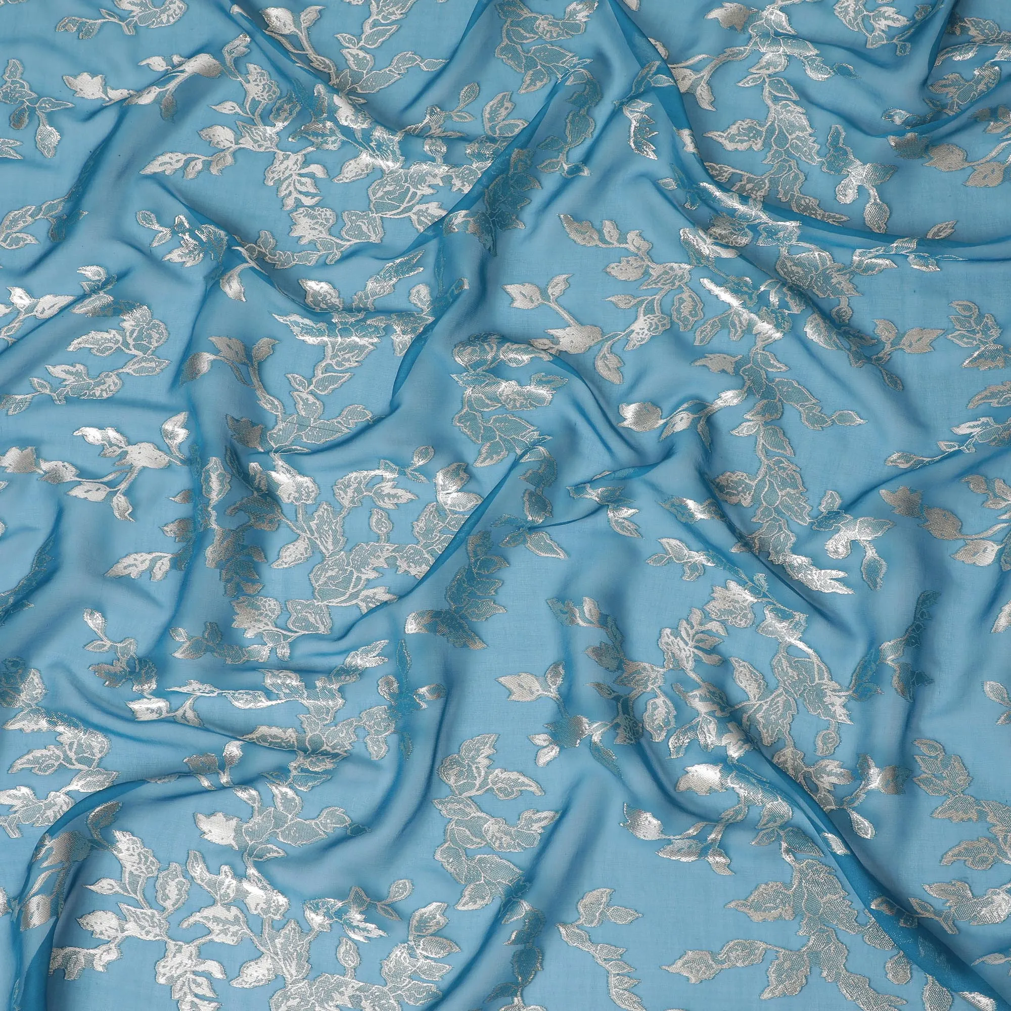 Elegant Sky Blue Silk Chiffon Fabric with Metallic Lurex Floral Design, 110 cm Width, South Korea-D19706