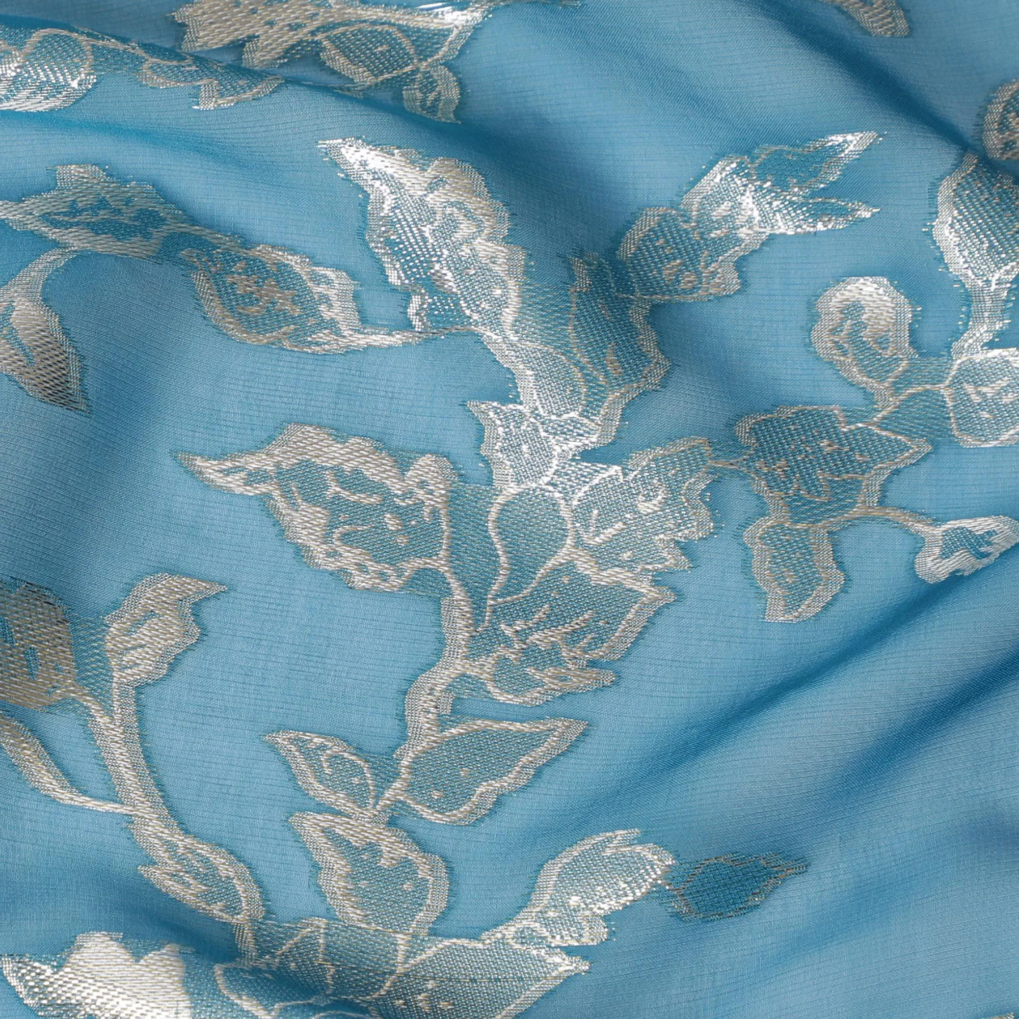 Elegant Sky Blue Silk Chiffon Fabric with Metallic Lurex Floral Design, 110 cm Width, South Korea-D19706