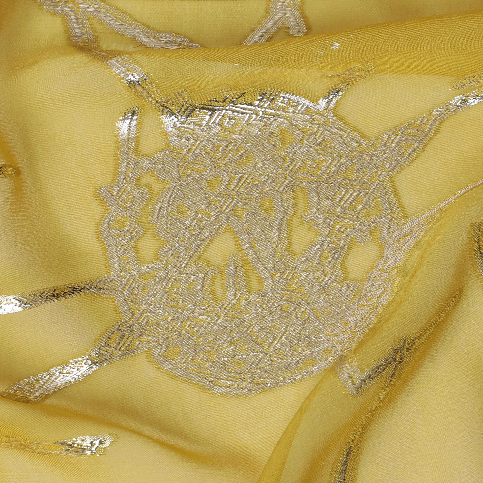 Elegant Yellow Silk Chiffon Fabric with Metallic Lurex, 110 cm Wide, South Korean Design-D19577