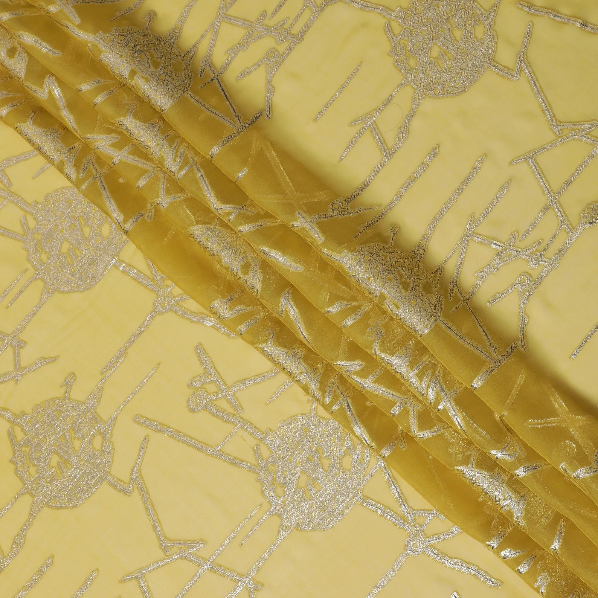 Elegant Yellow Silk Chiffon Fabric with Metallic Lurex, 110 cm Wide, South Korean Design-D19577