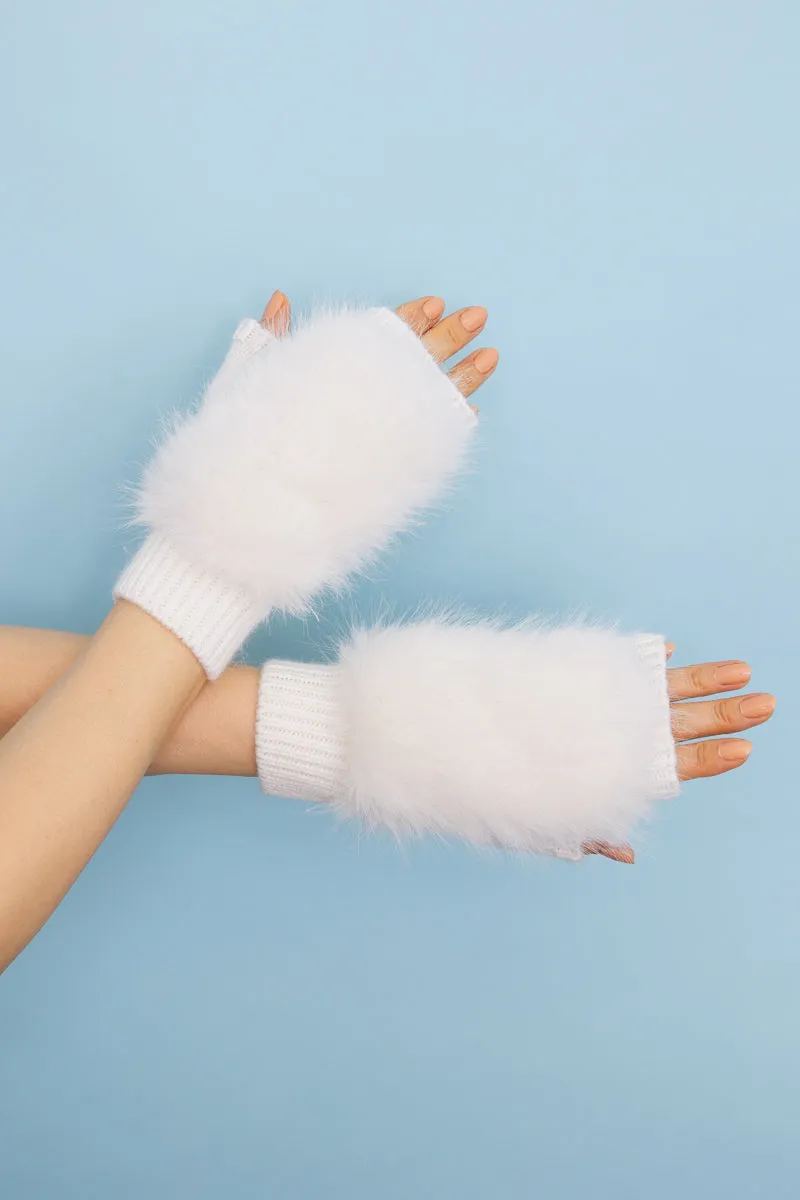 Faux Fur Trim Fingerless Knit Mittens