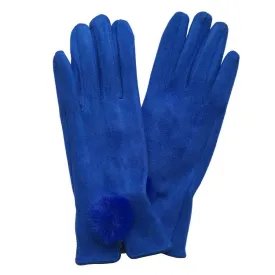 Faux Suede Gloves with Faux Fur Pompom in Blue