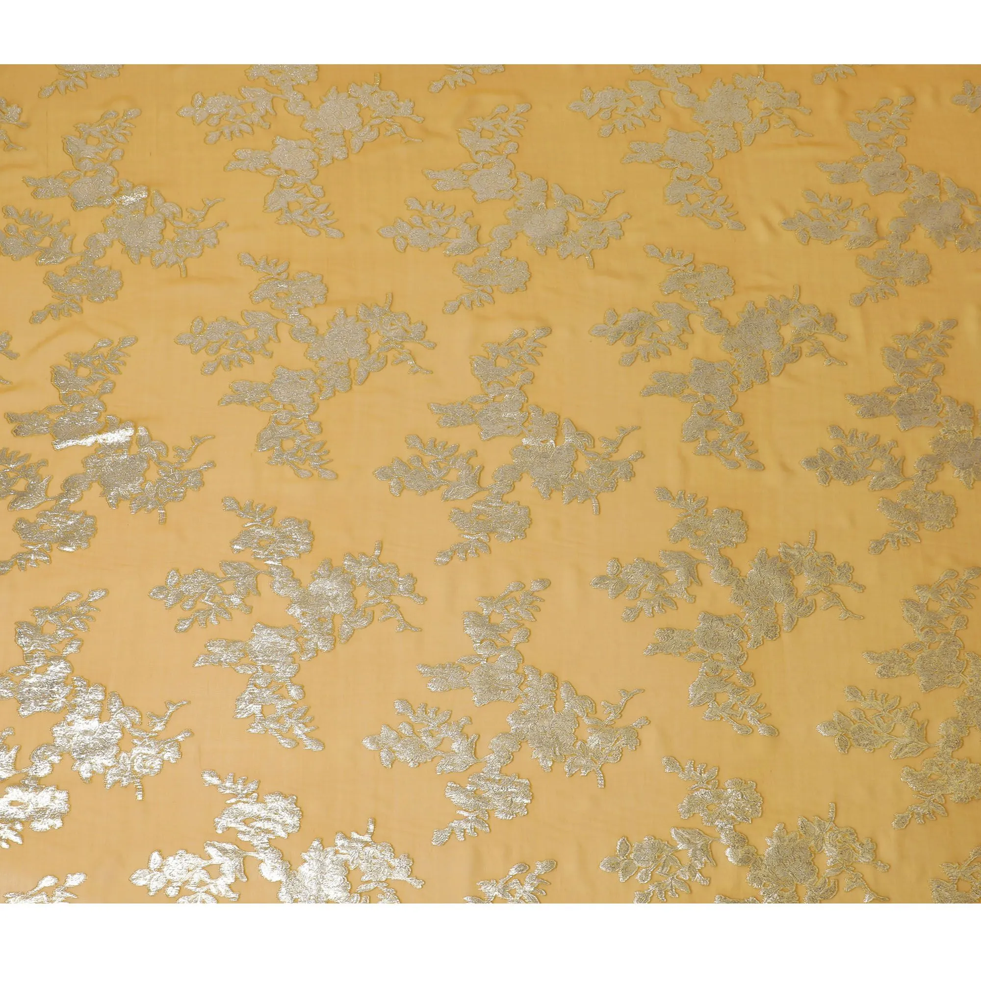 Goldenrod Silk Chiffon Fabric with Silver Embroidery, 140cm Wide - Luxurious South Korean Textile-D17785