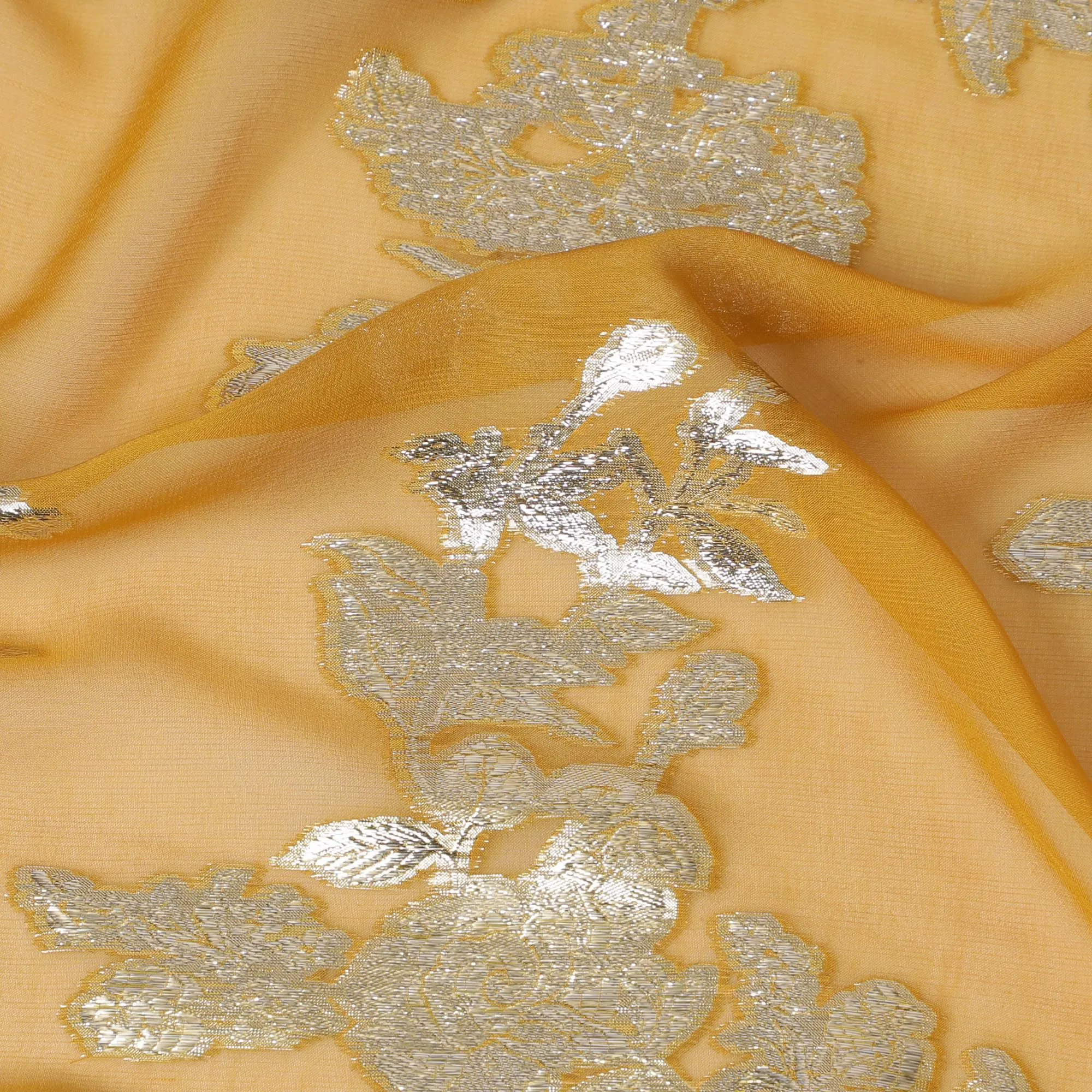 Goldenrod Silk Chiffon Fabric with Silver Embroidery, 140cm Wide - Luxurious South Korean Textile-D17785