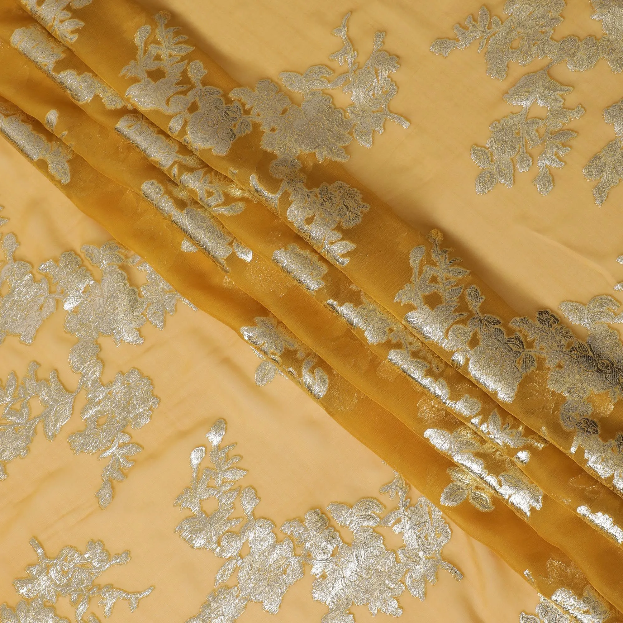 Goldenrod Silk Chiffon Fabric with Silver Embroidery, 140cm Wide - Luxurious South Korean Textile-D17785