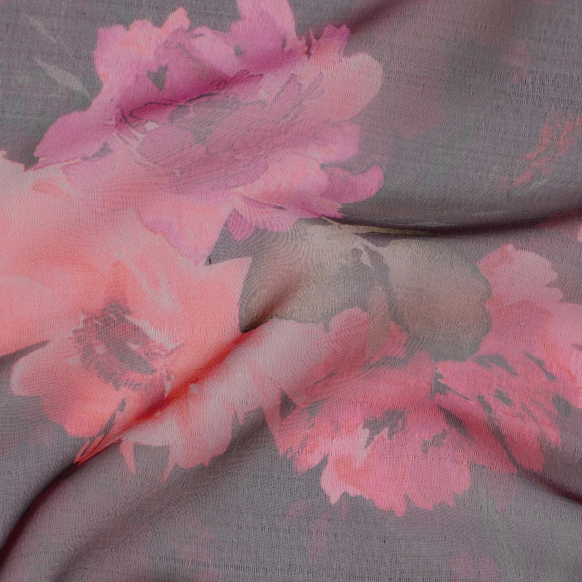 Gray and Pink Floral Pure Silk Chiffon Fabric, 110 cms, South Korea-D19880