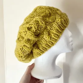 Handknit Cable Slouchy Beanie | Knit Beret | Slouchy Hat in yellow Knit beanie in chartreuse | Fluffy and cozy winter hat