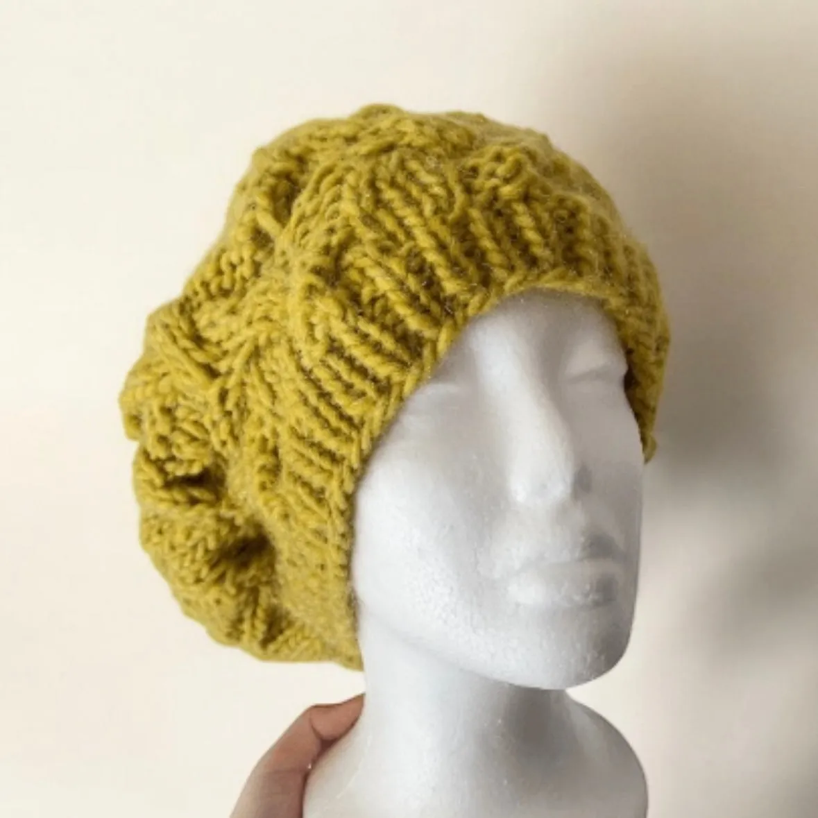 Handknit Cable Slouchy Beanie | Knit Beret | Slouchy Hat in yellow Knit beanie in chartreuse | Fluffy and cozy winter hat