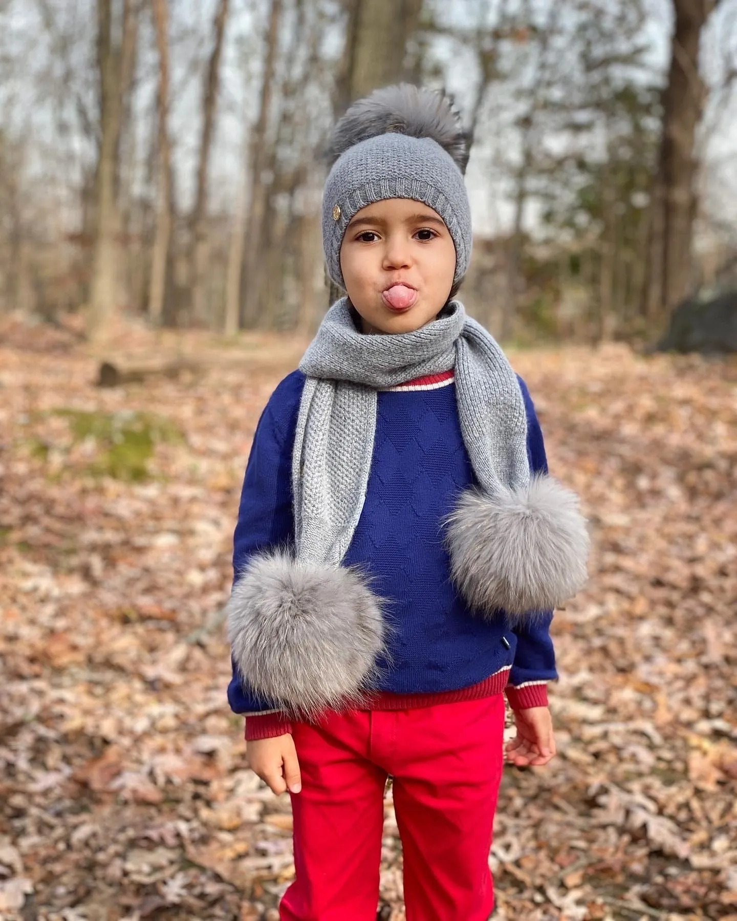 Honeycomb Grey Cashmere Pom Scarf