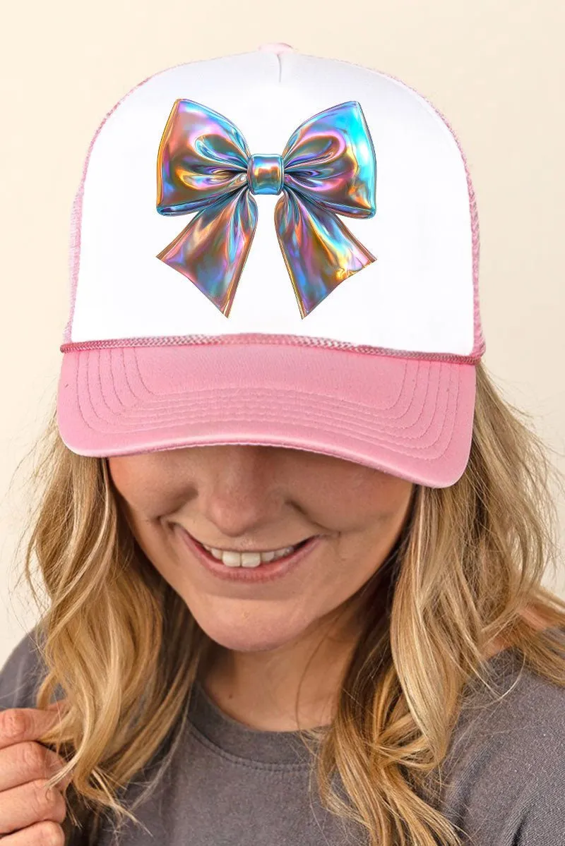 Iridescent Satin Bow Foam Mesh Back Trucker Cap