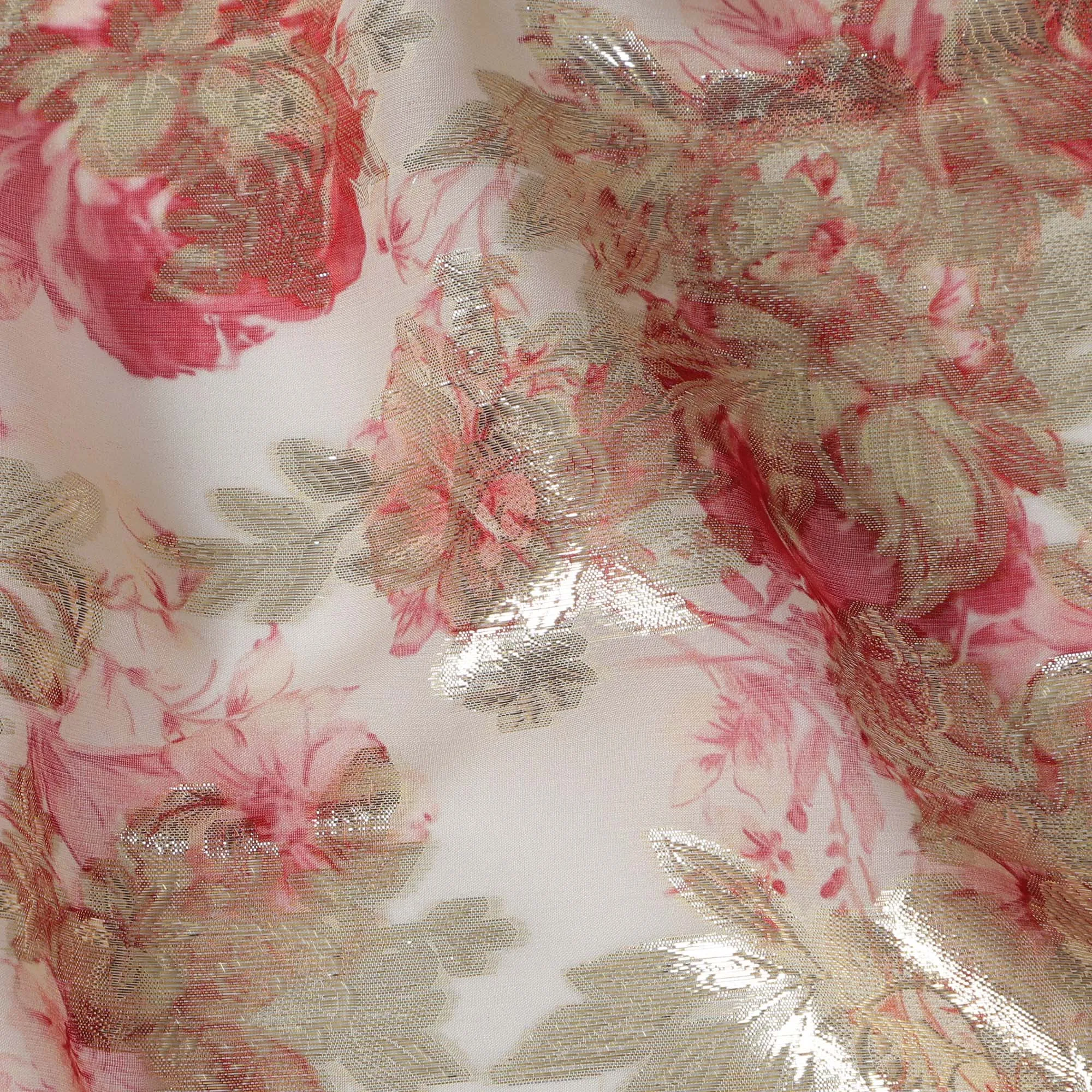 Ivory Floral Silk Chiffon Fabric with Metallic Lurex, Width 140 cm, South Korea-D21266