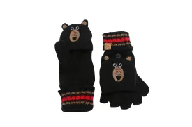 Kids Knitted Fingerless Gloves with Mitten Flaps - Black Bear