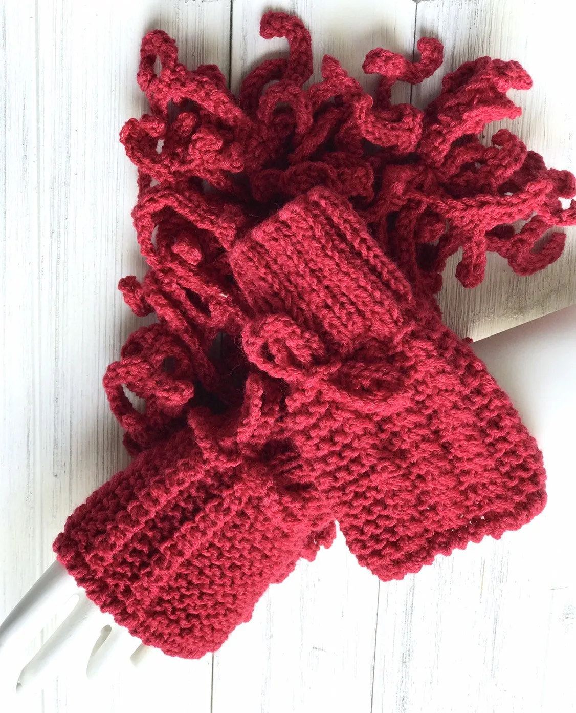 Knitted Scarf and Mittens for Women, Scarf and Fingerless Gloves Set in Red Color