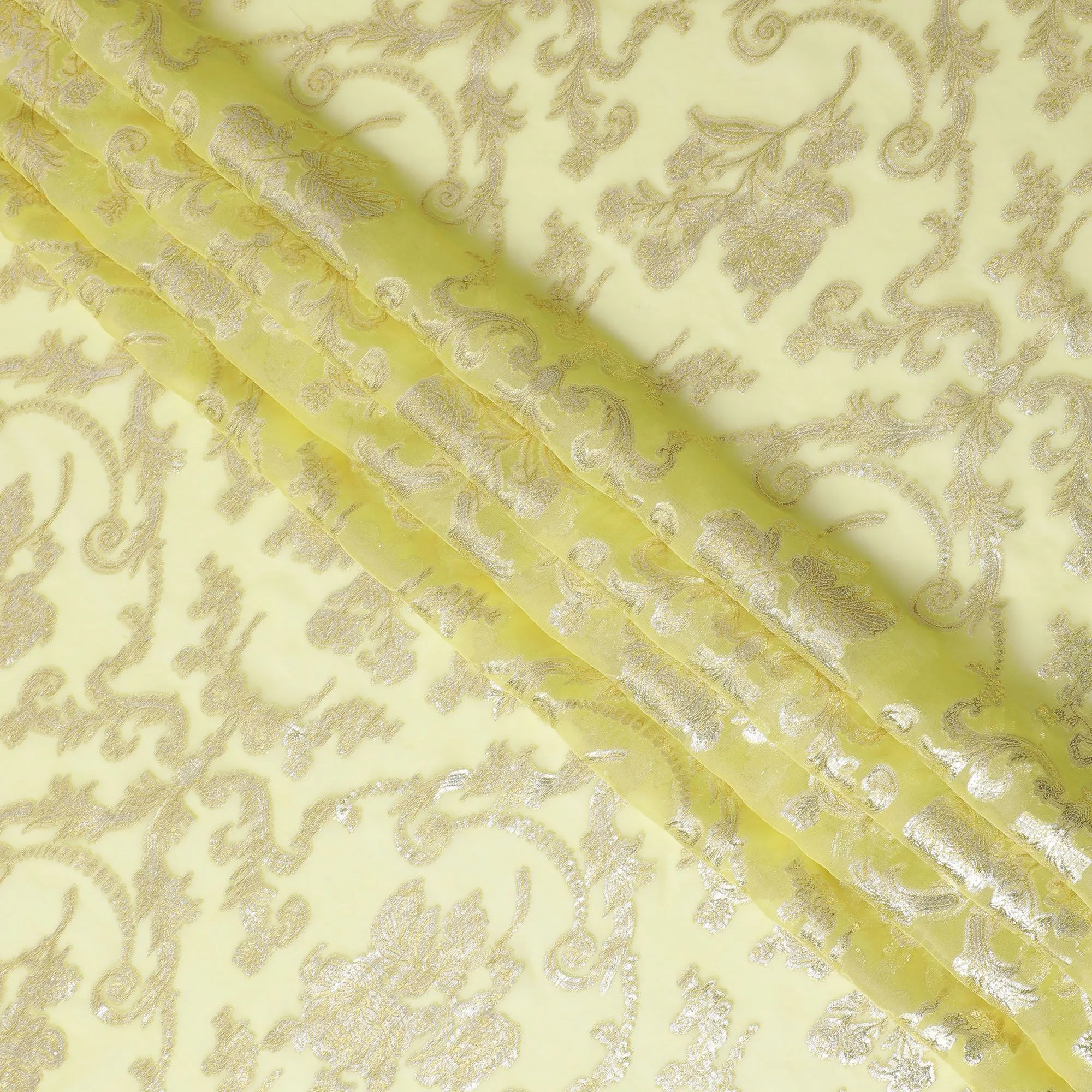 Lemon Yellow Pure Silk Chiffon Fabric with Silver Lurex Accents, 110cm Width - Premium Crafted in South Korea-D17898