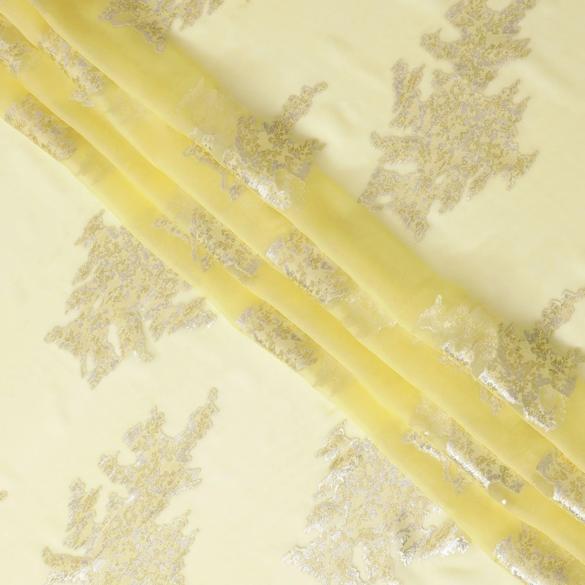 Luxurious Lemon Yellow Pure Silk Chiffon with Silver Detailing, Crafted in South Korea - 140cm Width-D17778