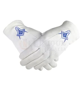 Masonic Cotton Gloves Blue Square Compass & G Machine Embroidered