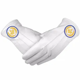 Masonic White Soft Leather Gloves Square Compass & G Yellow Blue