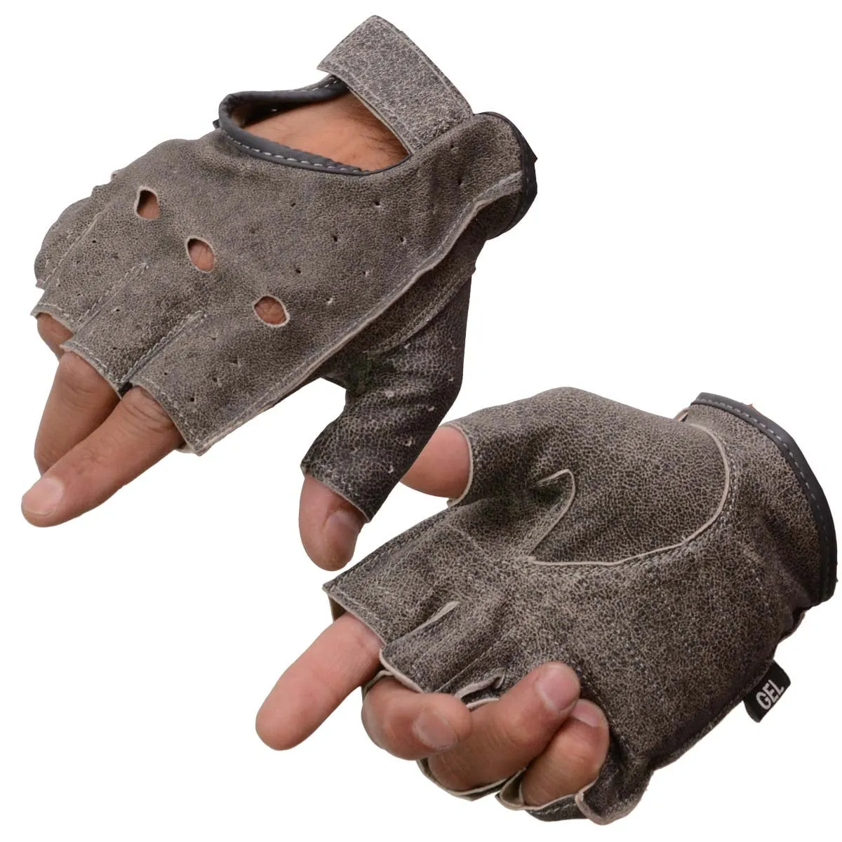 Milwaukee Leather MG7557 Men's Grey Leather Gel Padded Palm Fingerless Motorcycle Hand Gloves W/ Breathable ‘Open Knuckle’