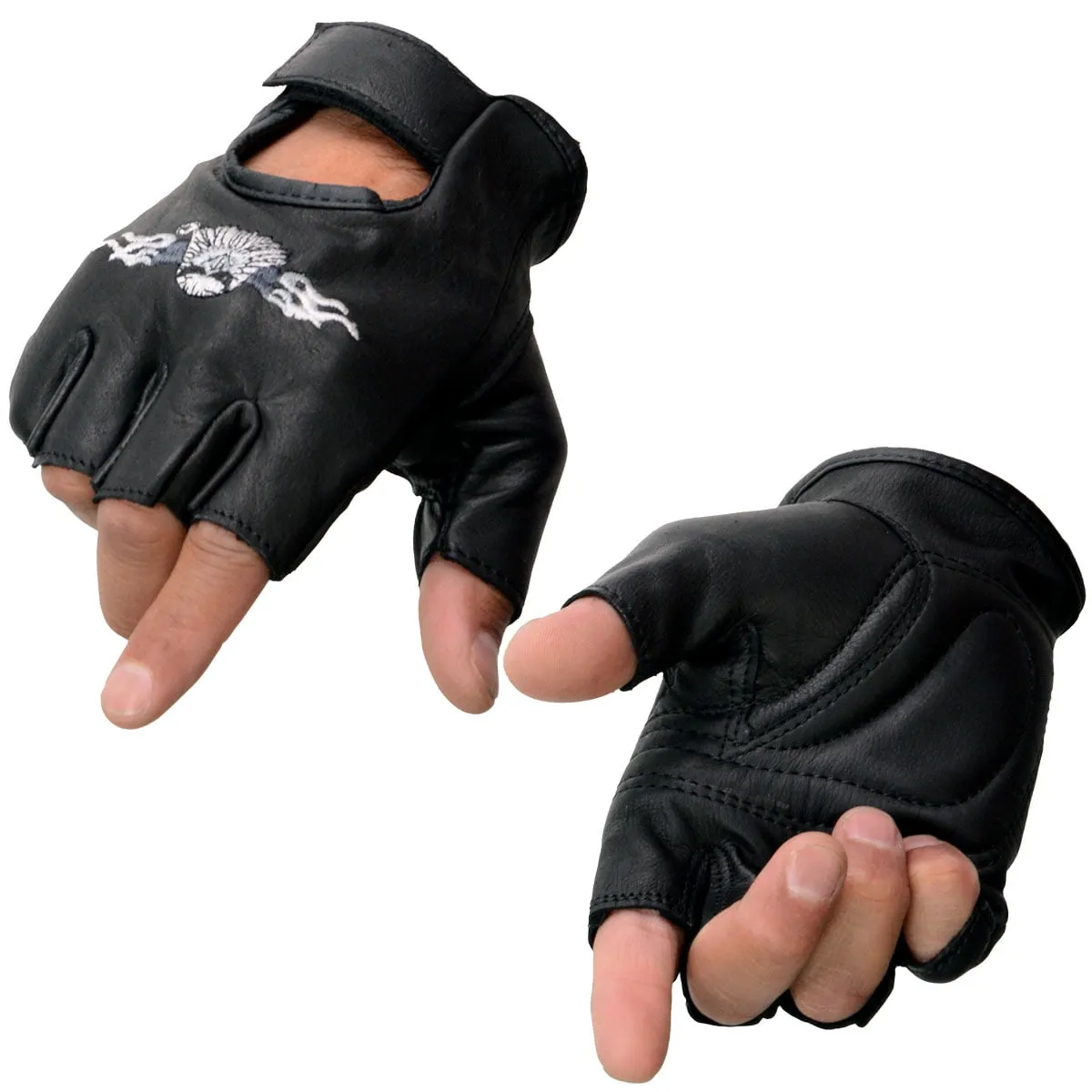 Milwaukee Leather SH352 Men's Black Leather Gel Padded Palm Fingerless Motorcycle Hand Gloves W/ ‘Embroidered Flaming Eagle’