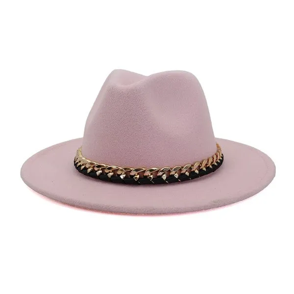 Pink Panama Hat With Gold Chain Belt