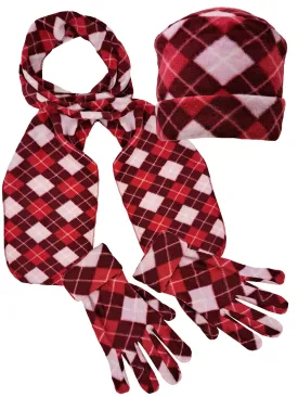 Pink Red White Argyle Print Polar Fleece Scarf Glove & Hat Set