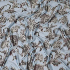 Powder Blue Silk Chiffon (Fransawi) Fabric with Metallic Lurex Floral Design, 110 cm Width-D19731