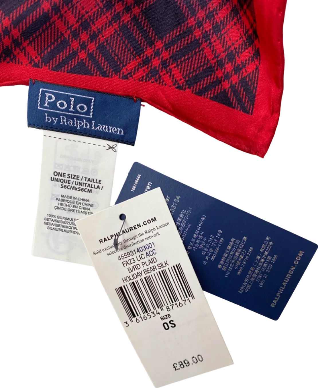 Ralph Lauren Red Plaid Holiday Bear 100% Silk Scarf