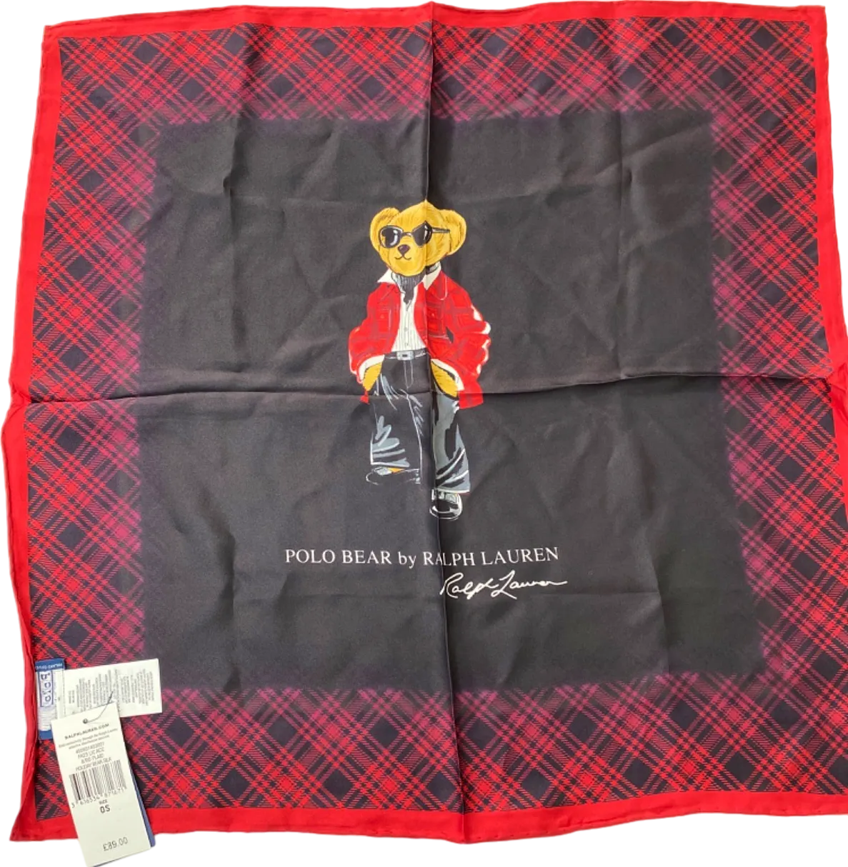 Ralph Lauren Red Plaid Holiday Bear 100% Silk Scarf