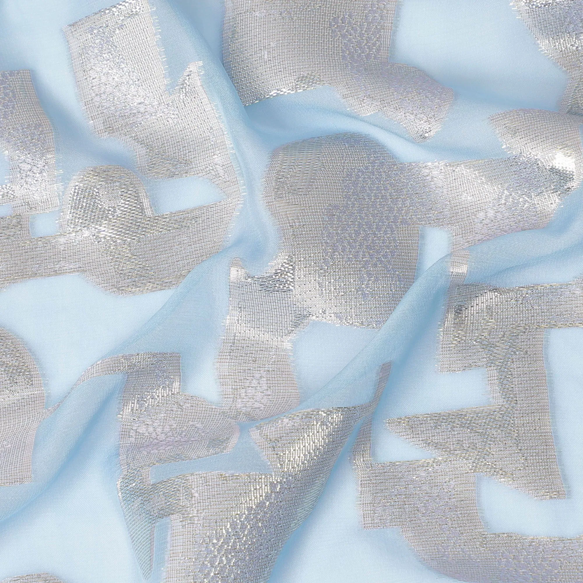 Sky Blue Pure Silk Chiffon with Silver Lurex Highlights, 110cm Width - Ethereal Fabric from South Korea-D17912