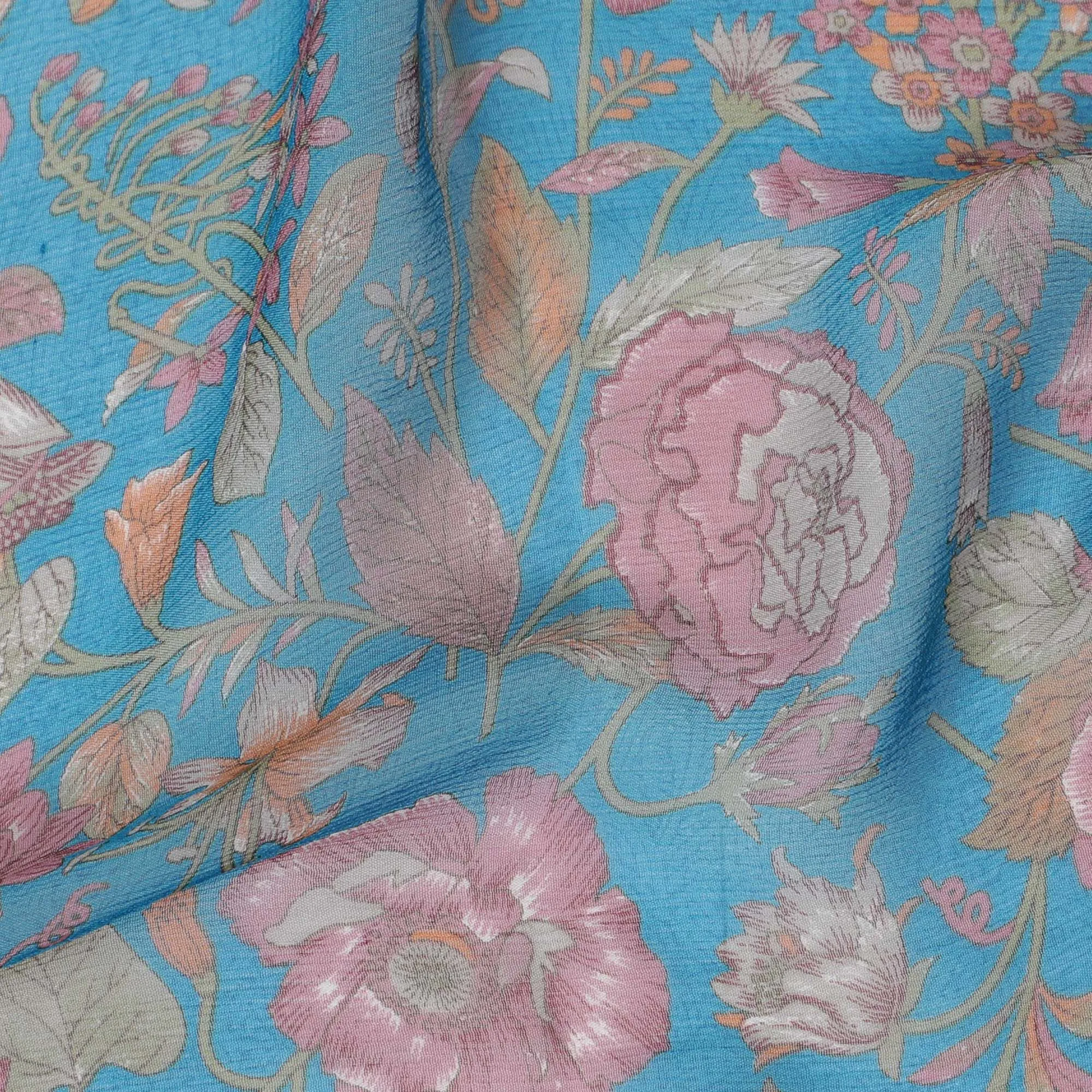 Sky Blue Rose Garden Silk Chiffon Fabric - Floral Elegance, 110cm Width - Purchase Online for Luxurious Creations-D18169