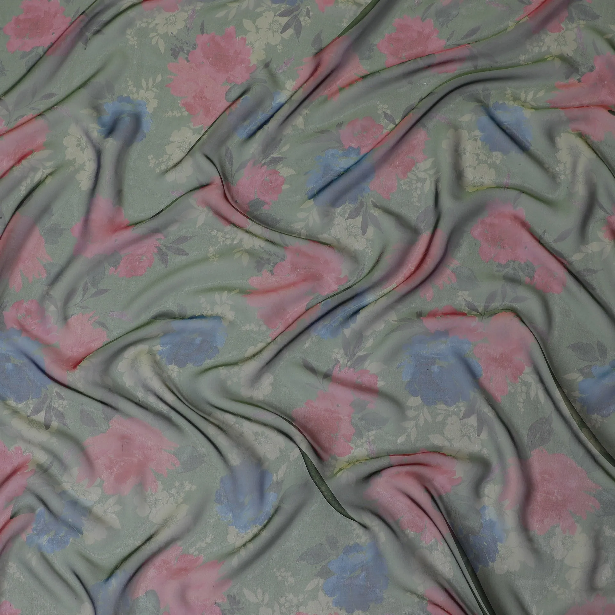 Soft Sage Green Floral Silk Chiffon Fabric, 110cm Width – Perfect for Spring Dresses and Scarves-D20093