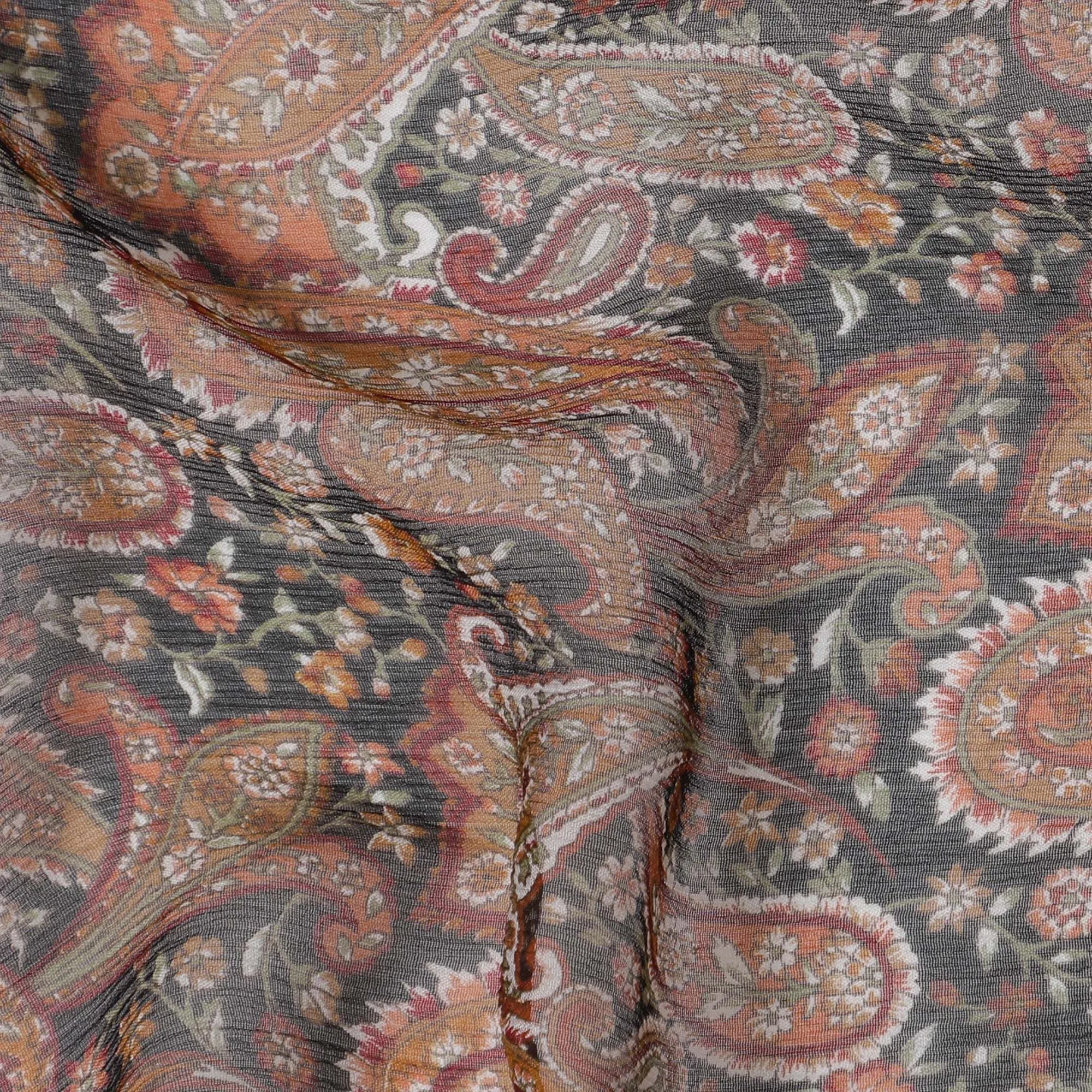 Spiced Paisley Pure Wrinkle Silk Chiffon Fabric - Intricate Design, 110cm Width - Buy Online by the Meter-D18053