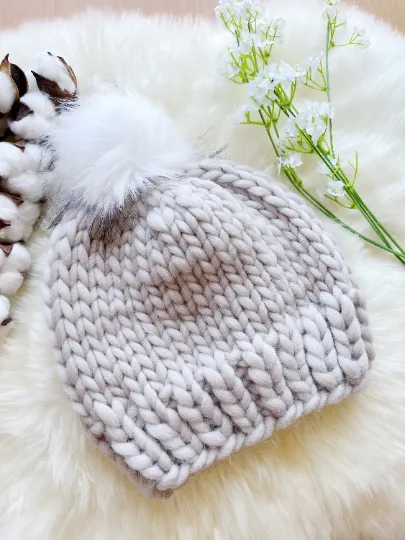 Super chunky faux fur pompom slouchy hat | knit winter beanie | cozy warm knit hat | super soft merino beige hat