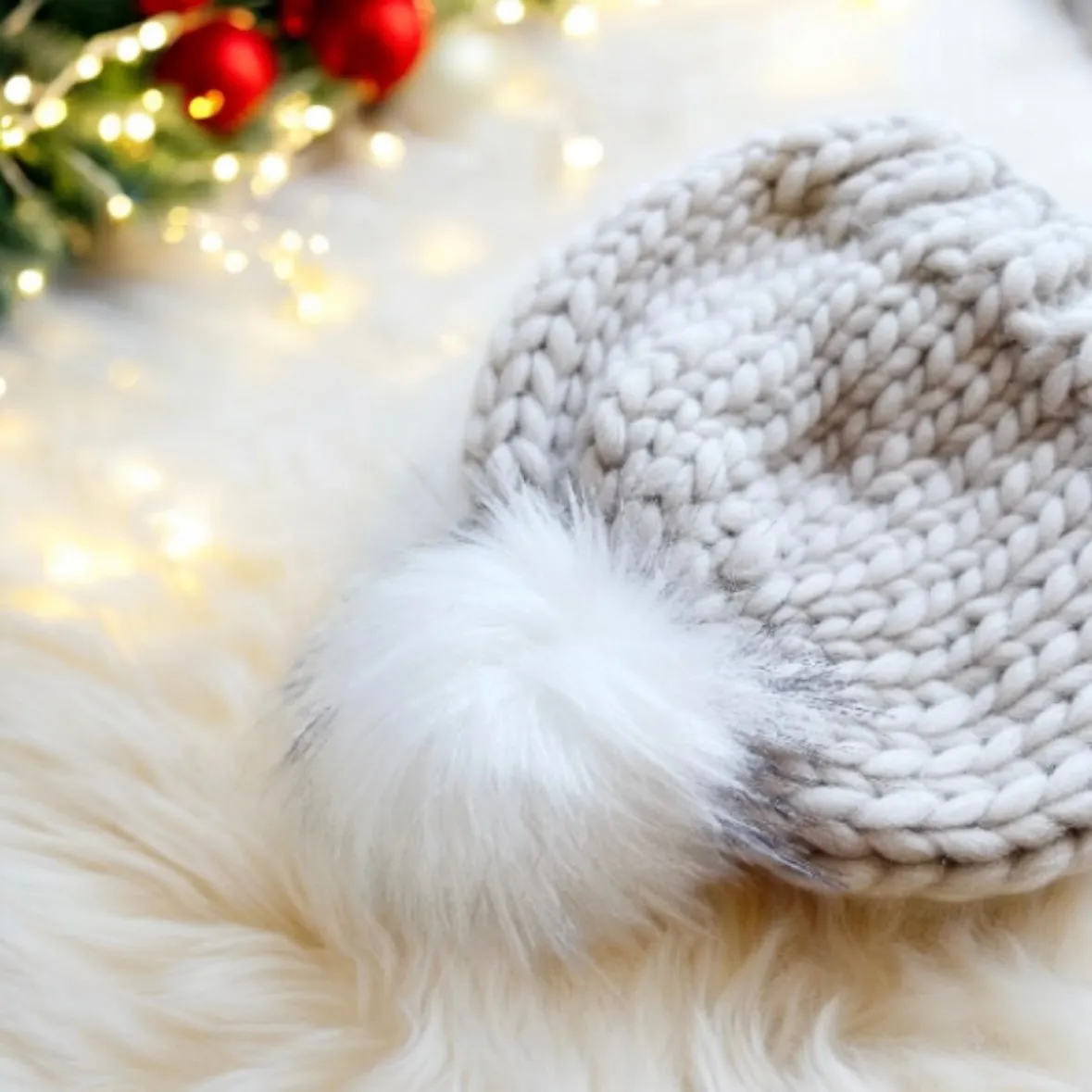 Super chunky faux fur pompom slouchy hat | knit winter beanie | cozy warm knit hat | super soft merino beige hat