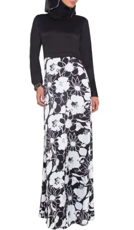 Talia Long Sleeve Modest Muslim Formal Evening Dress - Black and White - Final Sale