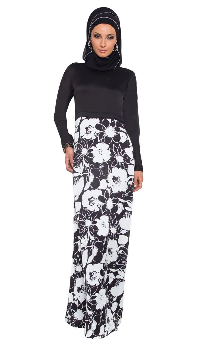 Talia Long Sleeve Modest Muslim Formal Evening Dress - Black and White - Final Sale