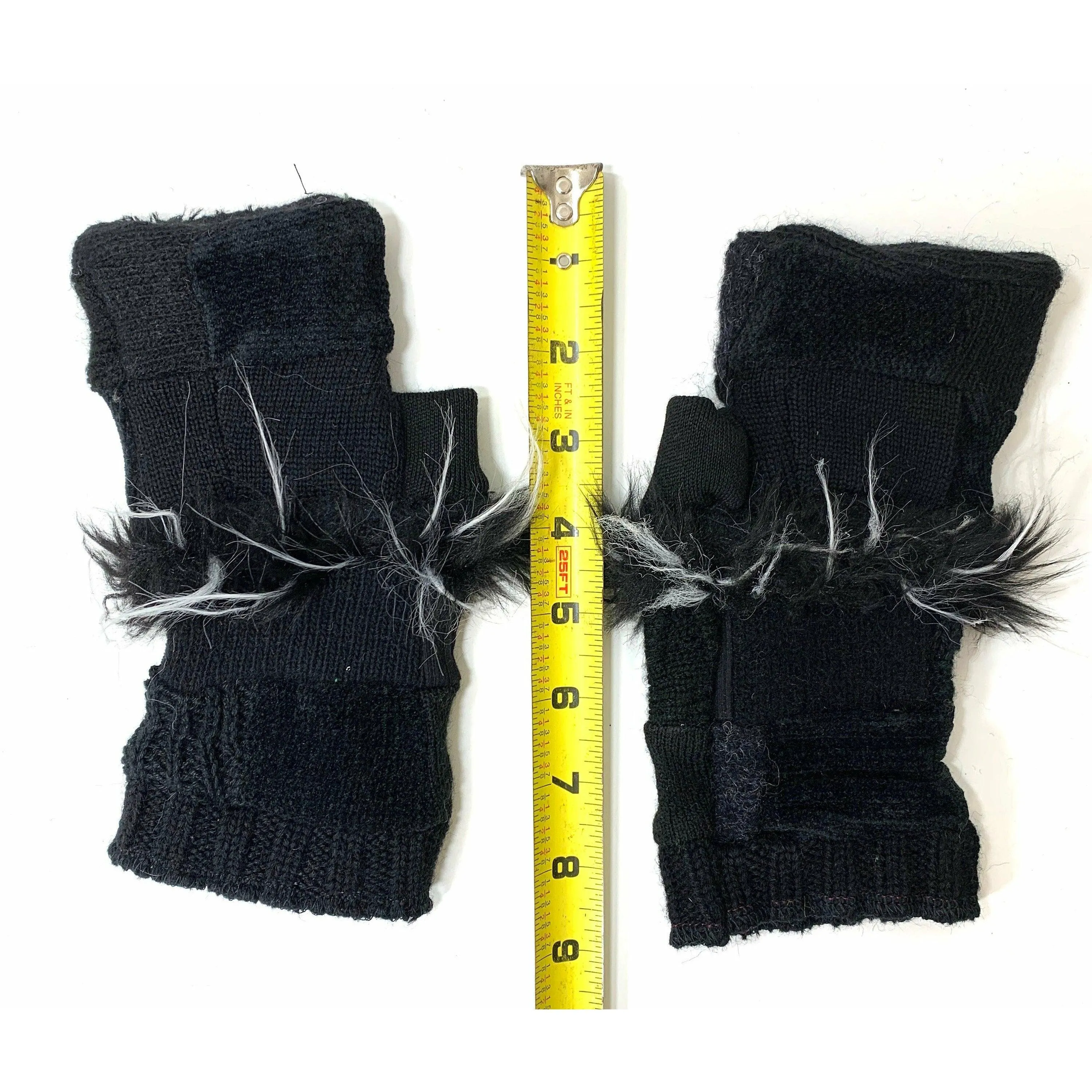 Up cycled Repurposed Recycled sweater texting Patchwork fingerless gloves in in black with fake fur. FREE Shipping